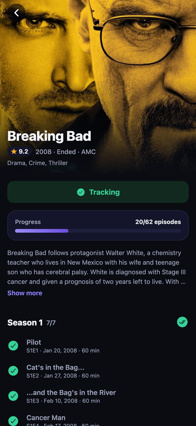 Show detail screen with season-by-season episode tracking