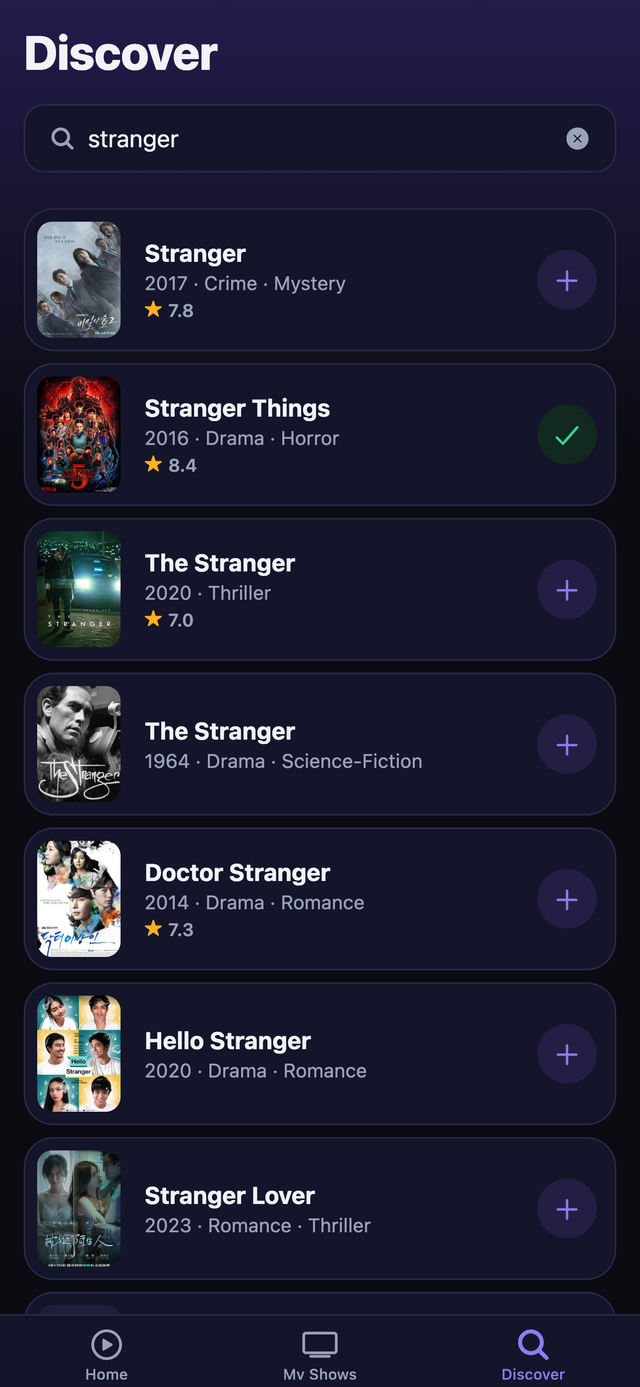 Discover screen with search results