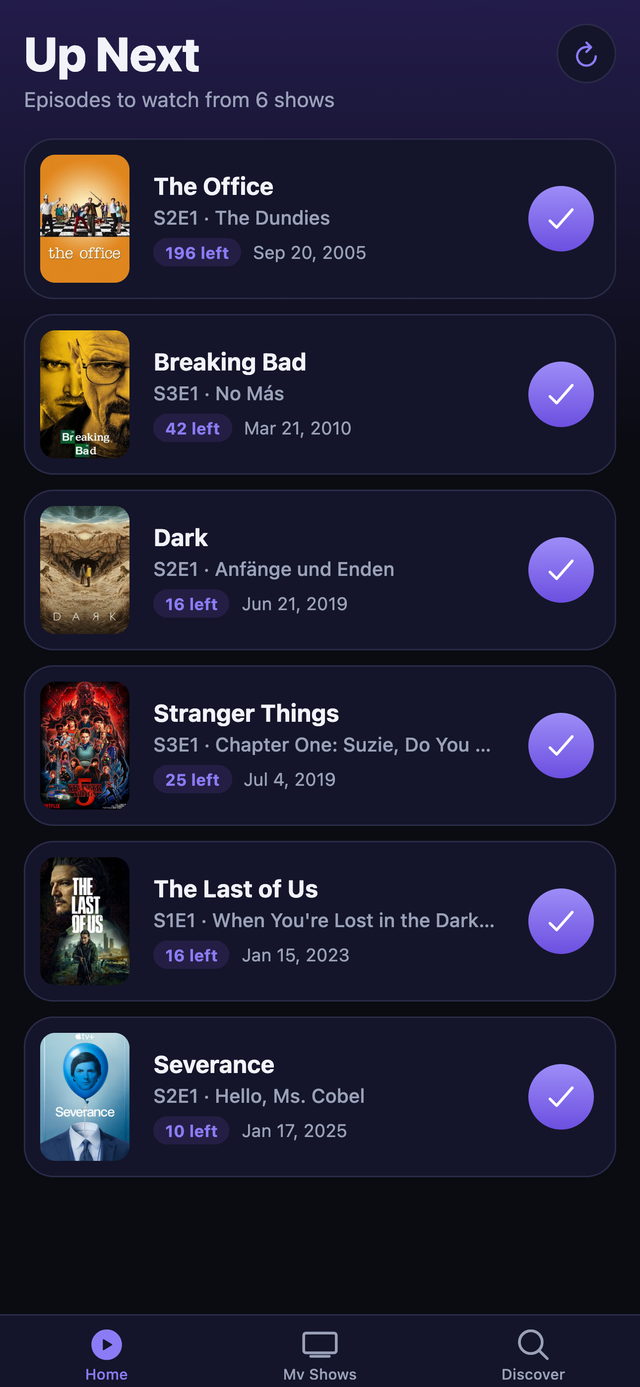 NextEp home screen showing the Up Next list