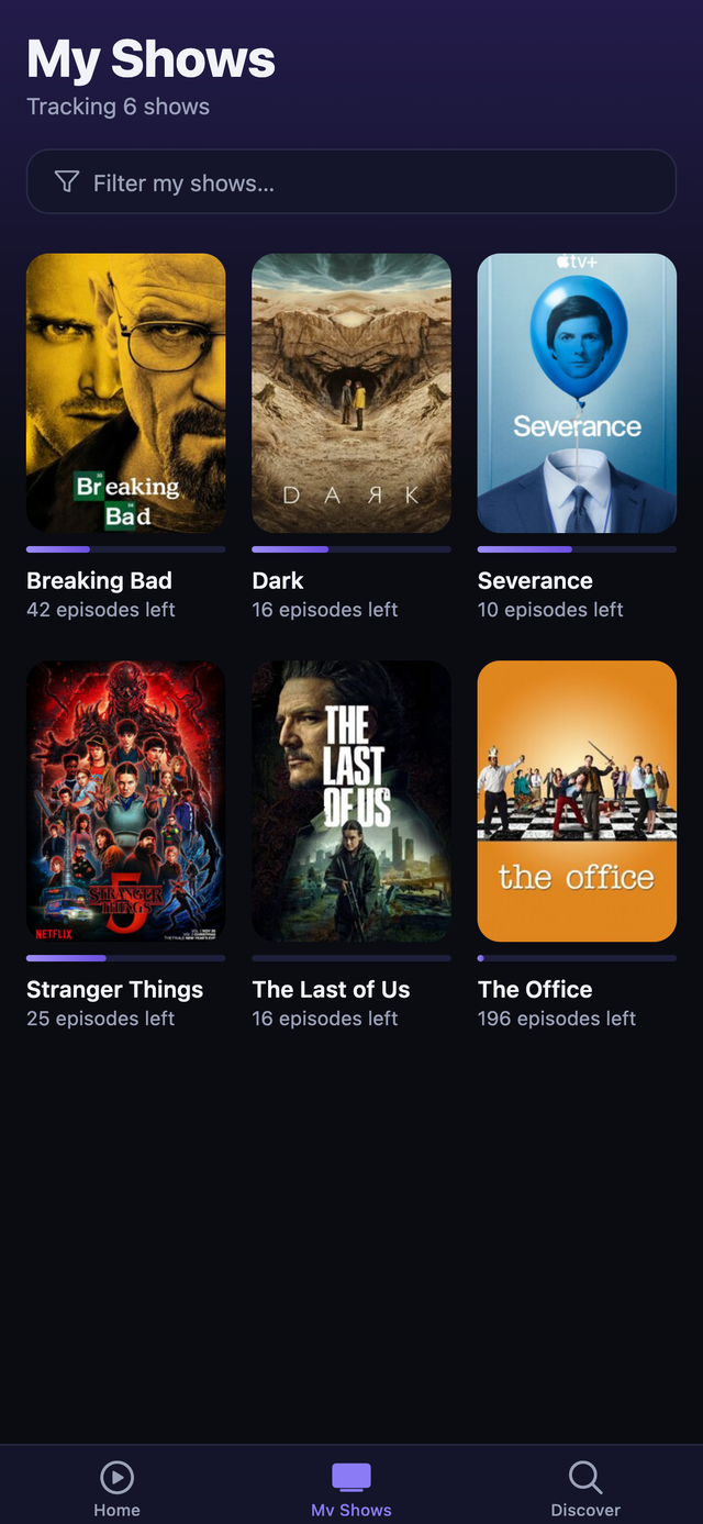 My Shows screen with poster grid and progress bars
